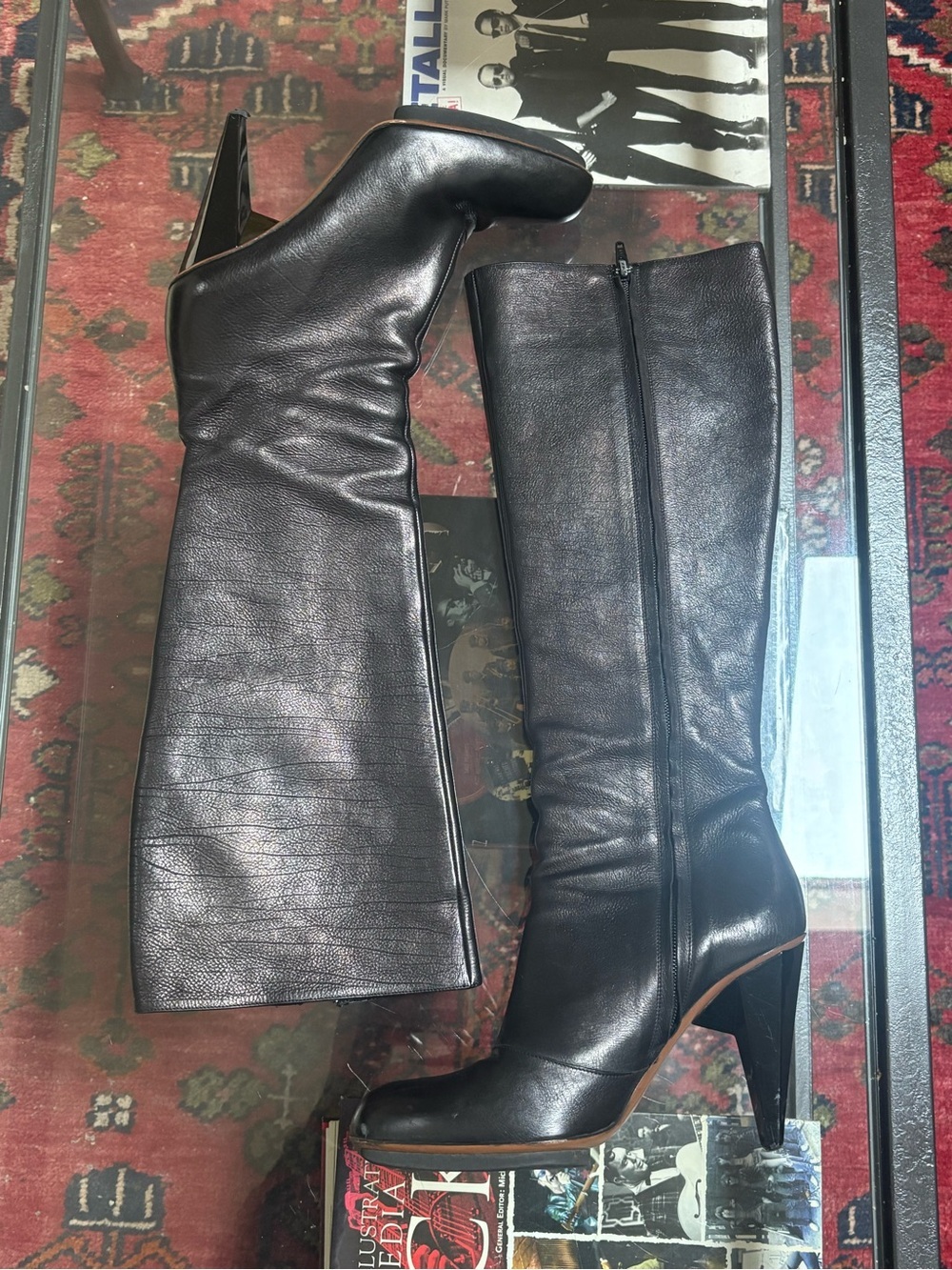 ✨ LANVIN Paris Black Leather Sculpted Horn Heel Knee-High Boots Sz 39 / 8.5 ✨